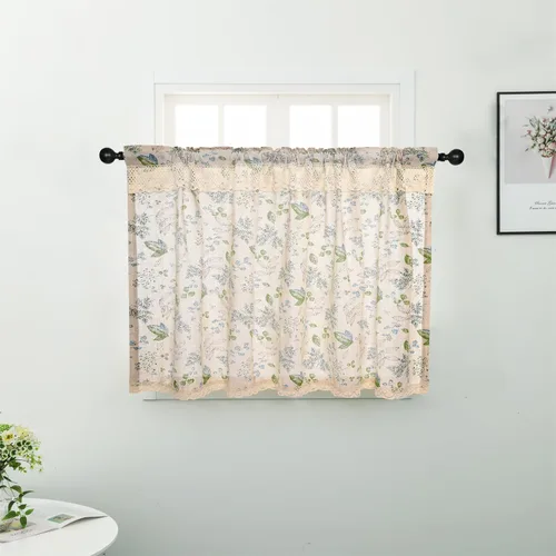 Vista 6 de Cortina de lino y algodón de granja de 15.7 pulgadas de largo, elegante cenefa de encaje floral para ventana de cocina y baño, 1 panel, hojas