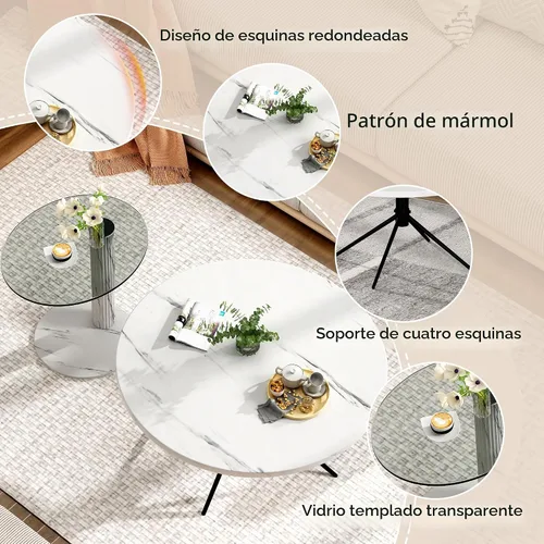 Vista 8 de Hooseng Juego de 2 mesas de café redondas, parte superior de mármol sintético y moderna tapa de vidrio transparente templado, perfectas para sala