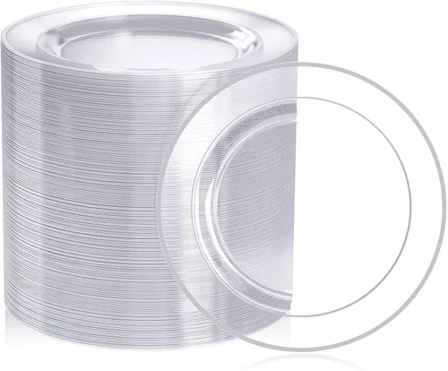 Vista 9 de FOCUSLINE Platos pequeños de plástico transparente dorado de 7 pulgadas, 100 unidades, platos transparentes desechables resistentes con borde