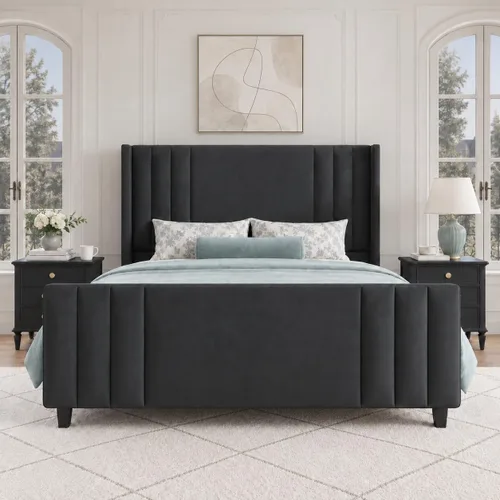 Vista 3 de Albott Base de cama de plataforma tamaño Queen, cama tapizada con cabecera y pie de cama con respaldo alado acolchado de canales verticales Negro