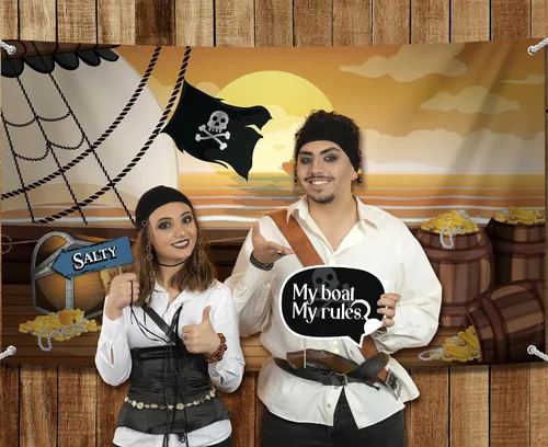 Vista 8 de Kit de decoración de fiesta pirata, incluye telón de fondo de fotografía y 10 accesorios de cabina de fotos para selfies de estudio con palos