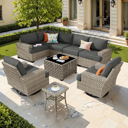 Vista 18 de HOOOWOOO Juego de Muebles Seccionales para Patio al Aire Libre, 6 Piezas Juegos de Conversación de Mimbre Sofá en Forma de L, Sofá Extra Profundo