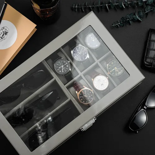Vista 4 de ProCase Lacquered Finish Wooden Men's Jewelry Box Bundle with 18 Slots Sunglasses Organizer