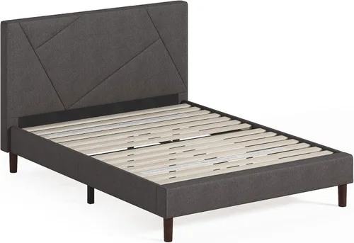 Vista 11 de Plataforma Zinus revestida, acolchada, con paneles geométricos, base de colchón, fácil montaje, soporte con listones de madera, Tela, gris