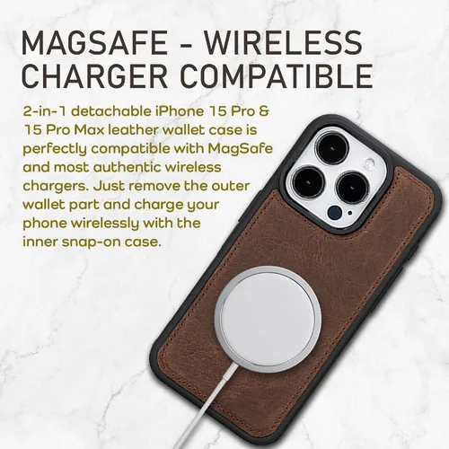 Vista 4 de Bayelon Funda tipo cartera para iPhone 15 Pro, cartera de cuero de grano completo, funda magnética desmontable, tarjetero, funda tipo cartera