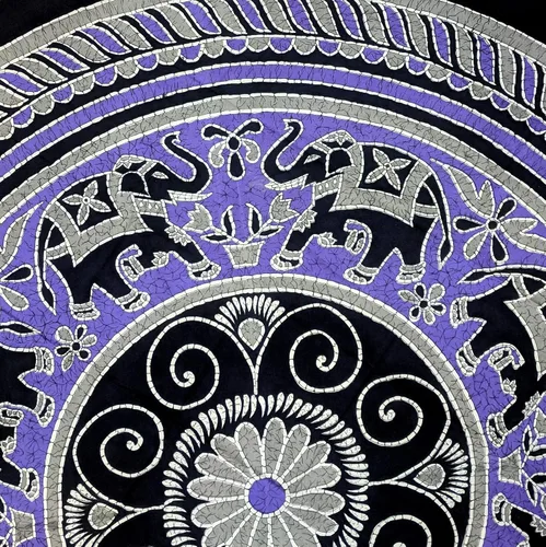Vista 2 de India Arts Elephant Batik - Mantel redondo de algodón, 90 pulgadas, color morado, gris y negro
