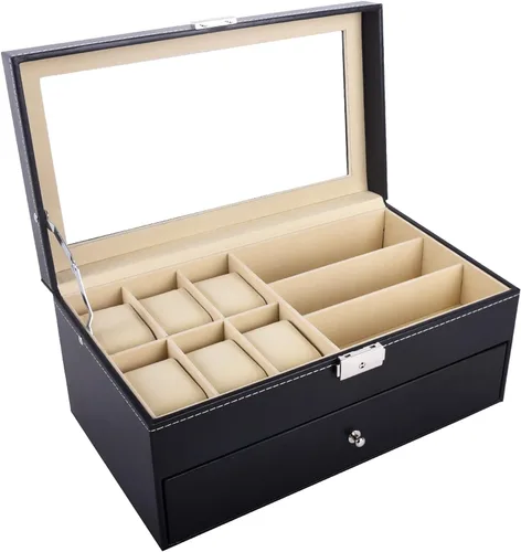 Vista 3 de Autoark Caja de joyería de cuero para 6 relojes y 9 piezas de almacenamiento para lentes y lentes de sol organizador de caja con bloqueo negro AW-048