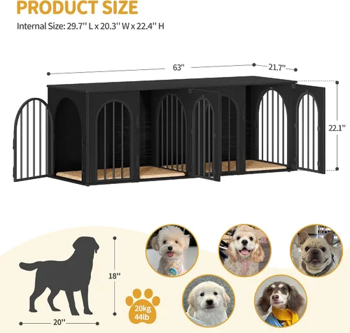 Vista 2 de Hzuaneri 63" Mueble de jaula para perros para 2 perros, jaula de perro interior resistente con soporte para TV, jaula de madera para perros L