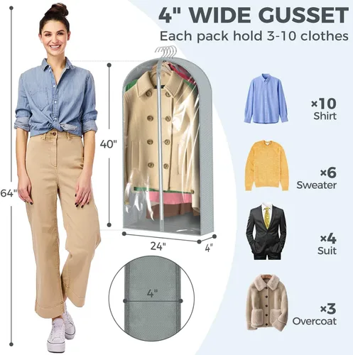 Vista 2 de 10 bolsas de ropa de 40 pulgadas para colgar ropa, bolsas transparentes para almacenamiento de ropa, bolsas de ropa para guardar ropa, bolsas