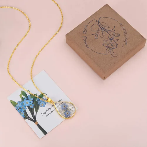 Vista 109 de Forget-Me-Not and Queen Anne's Lace Pressed Wildflower Necklace Birth Month Real Flower Necklace Gold/Silver Pressed Flower Jewelry