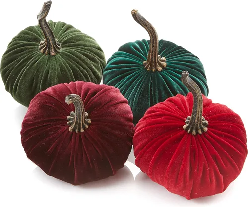 Vista 11 de Juego de 4 pequeñas calabazas de franela de terciopelo y algodón, decoración a cuadros de búfalo blanco y negro, estantes de calabaza negra