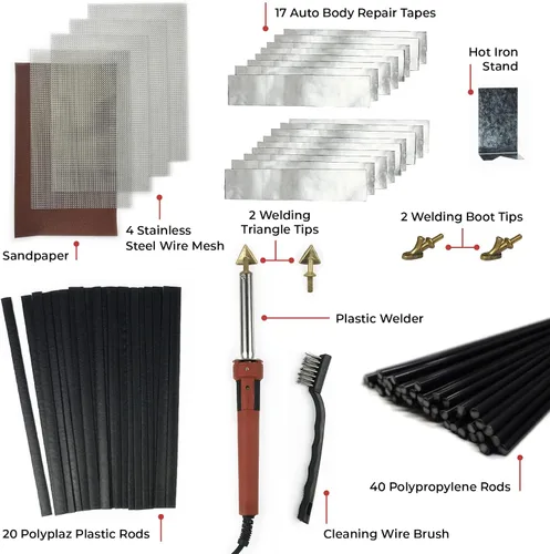 Vista 4 de JOUNJIP - Kit de soldadura, certificación UL, 17 cintas de reparación de aluminio, lija, 2 puntas triangulares, 2 puntas en forma de bota, 4 mallas