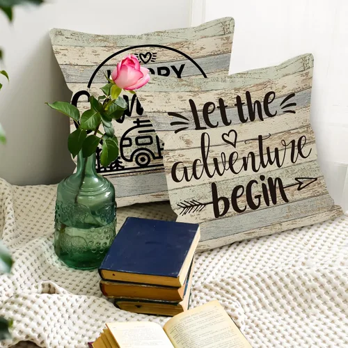 Vista 5 de Fundas de almohada decorativas con temática de campamento, 2 x 18 x 18 pulgadas, mezcla de lino y algodón beige, impresión de letras rústicas