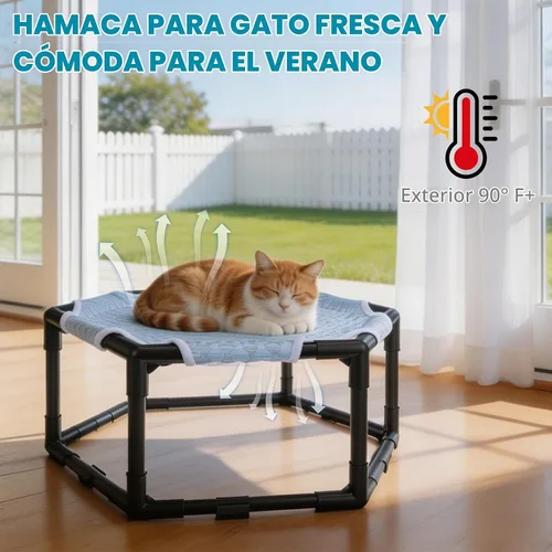 Vista 2 de Cama hamaca elevada para gatos, cuna hexagonal elevada para gatos con tela transpirable de gorro de hielo y bloque antideslizante, alfombrilla