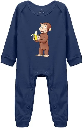 Vista 3 de Baby Cotton Rompers Curious Monkey Eat Banana Boy Girl Long Sleeve Jumpsuit Negro
