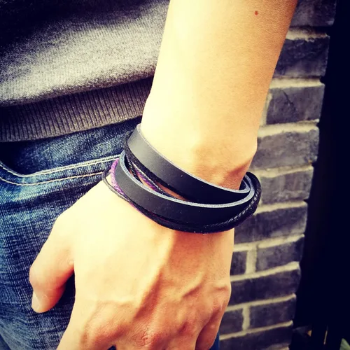 Vista 6 de Pulsera de piel auténtica para hombre y mujer, multicapa, ajustable, con cuerda multicolor