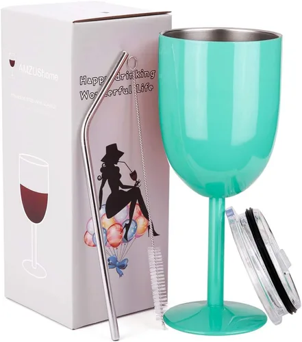 Vista 15 de AMZUShome Copas de vino de acero inoxidable. Vaso de vino de doble pared aislado al vacío con tapa y pajita. Amistad, Navidad, regalos de cumpleaños