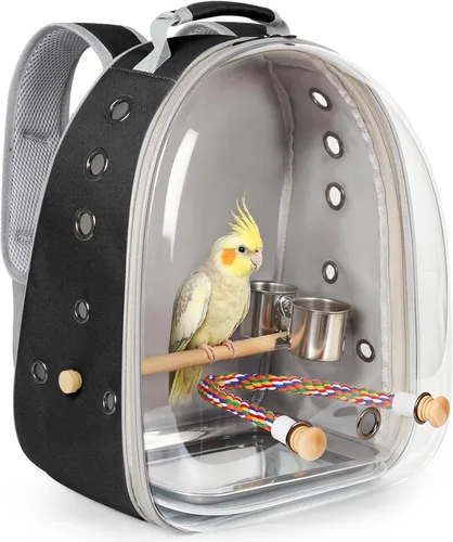 Vista 15 de Jaula de transporte de pájaros, cápsula de espacio transparente, mochila de astronauta para llevar periquitos, cacatúas, loro con bandeja de metal