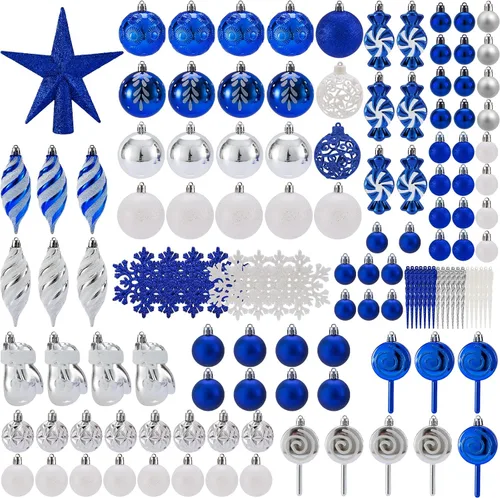 Vista 4 de Juego de adornos de bolas de Navidad irrompibles, 130 piezas de decoración para árbol de Navidad, surtido de bolas colgantes de Navidad a granel