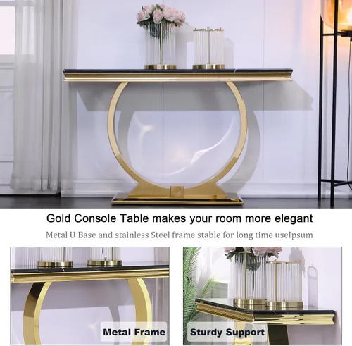 Vista 7 de ACEDÉCOR Mesa consola dorada, mesa de entrada de mármol sintético negro de lujo de 50 pulgadas con base de acero inoxidable en forma de U dorada
