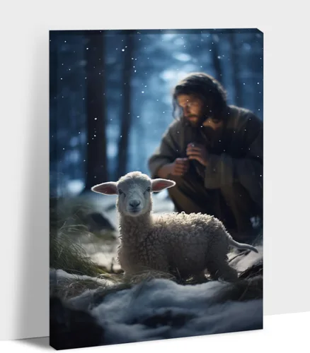 Vista 17 de Arte de pared en lienzo de Jesús y Cordero, Arte de pared en lienzo de Jesús abrazando a un cordero fangoso, Arte de pared cristiano para decoración