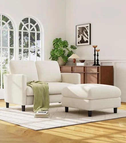 Vista 5 de Welzona Loveseat, 51" Small L Shaped Couch, Comfy Teddy Love Seat with Ottoman Set, Tool-Free Setup Loveseat Sofa with Ottoman, All-Wood Small Sofa