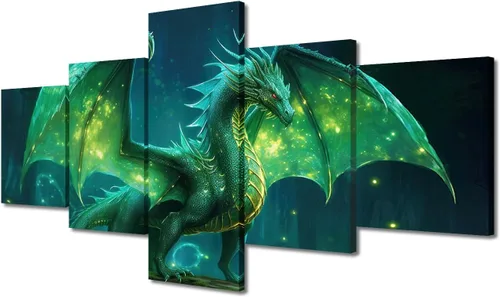 Vista 31 de Lienzo decorativo para pared de sala de estar, lienzo de dragón, 5 paneles, dragón verde, decoración de pared para el hogar, decoración de pared