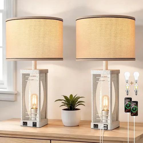 Vista 8 de SRJJA Juego de 2 lámparas de mesa de granja para sala de estar, lámparas rústicas de mesita de noche con puertos de carga USB A+C, lámpara de noche