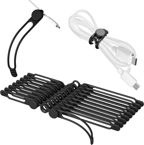 Vista 8 de 20 bridas de silicona para cables de 3 pulgadas, organizador de cables reutilizables pequeños para cables de carga, auriculares, cables de Negro