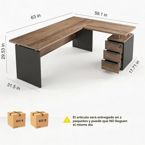 Vista 2 de Escritorio ejecutivo en forma de L de 63 pulgadas, escritorio industrial moderno de oficina de madera con cajones de bloqueo, gestión de cables