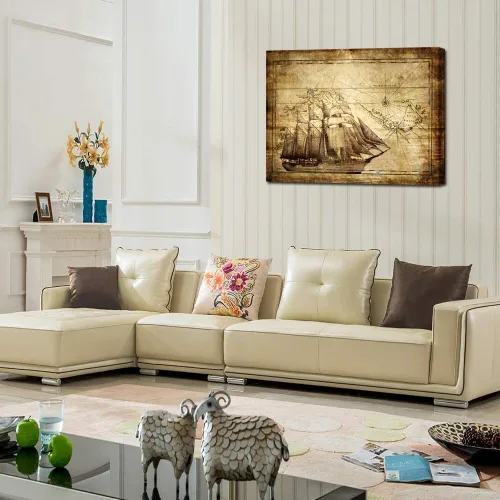 Vista 4 de KREATIVE ARTS Impresión en lienzo de mapa del viejo mundo grande con mapa de navegación, impresiones artísticas náuticas listas para colgar, 40 x 30