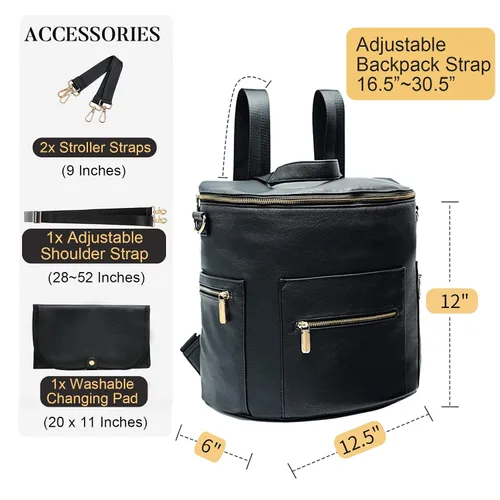 Vista 3 de miss fong Bolsa de pañales Mochila para pañales de bebé, bolsa de pañales de cuero grande Mochila y bolsa cruzada