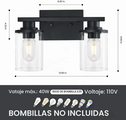 Vista 3 de Accesorios de iluminación de baño, Luz de tocador de baño mate negra de 2 luces, Luces de tocador con base de metal y pantalla de vidrio