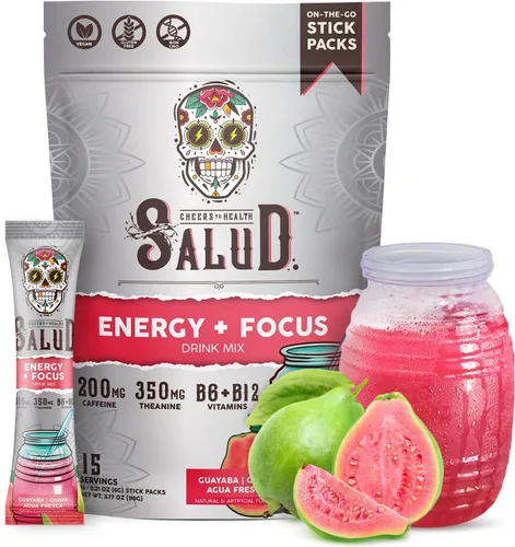 Vista 16 de Salud 2-en-1 Polvo para Bebida Energética + Enfoque, Sabor Cereza Lima, Cafeína Orgánica, B6 + B12, Teanina, Paquetes de Bebida Energética Limpia