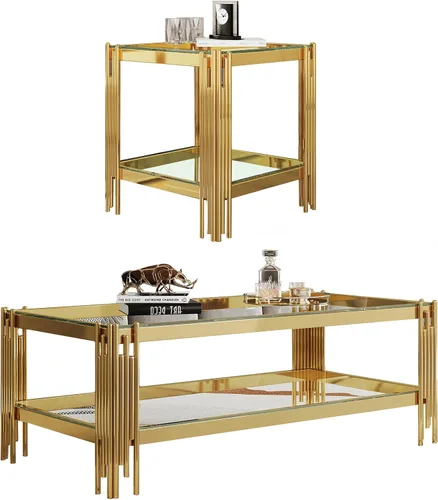 Vista 40 de Mesa auxiliar rectangular de vidrio de 48 pulgadas, mesa de centro de 2 niveles con parte superior de vidrio templado negro, patas de acero
