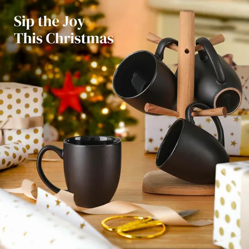 Vista 8 de DOWAN Tazas de café, juego de 6 tazas de café negras, tazas de café de cerámica de 16 onzas con asas grandes para hombres y mujeres, taza grande