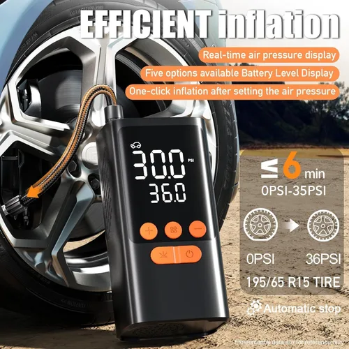 Vista 2 de Inflador de neumáticos Compresor de aire portátil - Bomba de aire inalámbrica para neumáticos de automóvil - Batería de 150 PSI y 10000 mAh Inflador