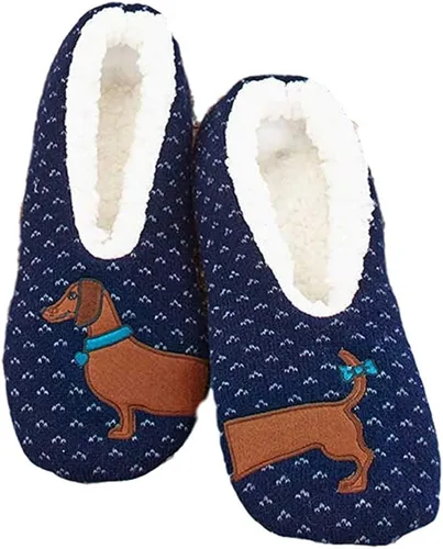 Vista 2 de Pantuflas forradas de sherpa para mujer - Perro salchicha, Azul