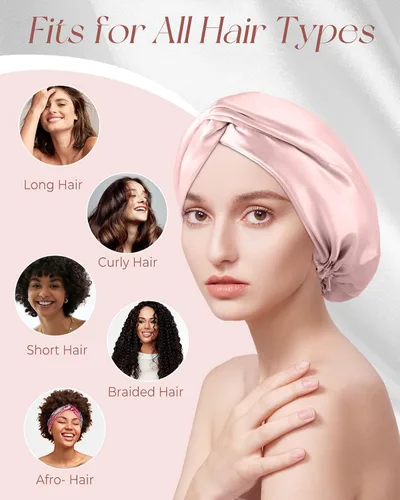Vista 4 de Miss Adola Gorro de seda de morera para mujer, juego de dormir de 19 momme de seda natural para el cuidado del cabello con máscara de ojos y gorro