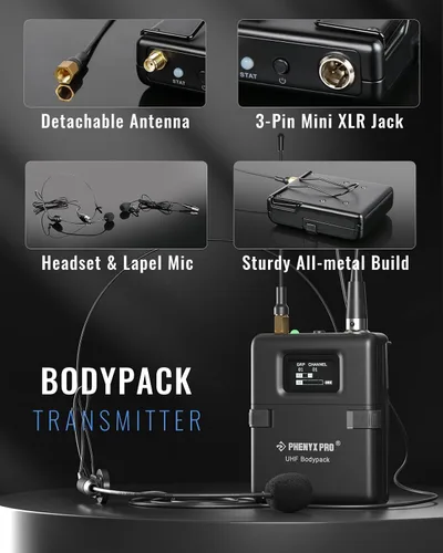 Vista 6 de Phenyx Pro Sistema de micrófono inalámbrico, set de micrófonos inalámbricos dual True Diversity con micrófonos de mano/bodypack/auricular/solapa