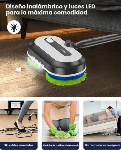 Vista 4 de Blonex Limpiador de piso inalámbrico eléctrico, trapeador eléctrico giratorio con faros LED y rociador de agua, batería de larga duración, tanque