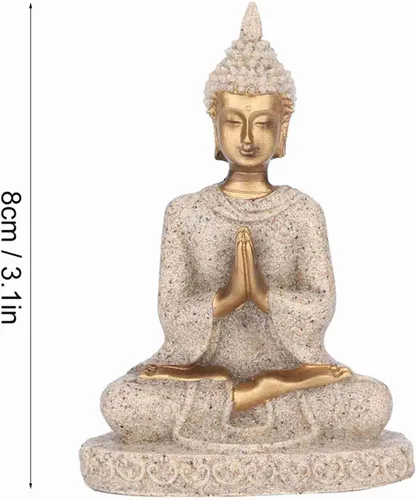 Vista 5 de Hilitand Estatua de Buda meditando sentado decoración del hogar adorno tallado figura artesanía arenisca (A dorado)