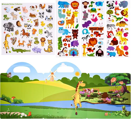 Vista 3 de ASTARON Libro de calcomanías reutilizables para niños pequeños, 88 piezas de calcomanías de animales, actividades para viajes por carretera