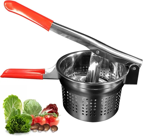 Vista 8 de Exprimidor de verduras de acero inoxidable de 13.5 onzas, mango de silicona roja antideslizante, exprimidor de agua vegetal de metal para exprimir