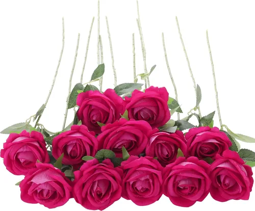 Vista 17 de 12 rosas artificiales de terciopelo sintético para decoración del hogar y boda (rosa perla, negro)