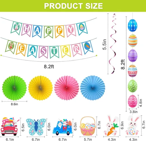 Vista 4 de 32 piezas de decoraciones de Pascua, decoración de Pascua, pancarta de Pascua feliz huevo conejo, guirnalda colgante para el hogar, oficina