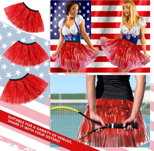 Vista 4 de Jeyiour 4 faldas tutú para mujeres y niñas, disfraz de correr con lentejuelas con purpurina, falda patriótica para adolescentes, fiesta, cosplay