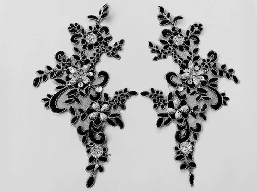 Vista 19 de Parches de tela de encaje fino bordados con diamantes de imitación bordados, decoración de vestido para coser en lentejuelas cuentas, accesorio