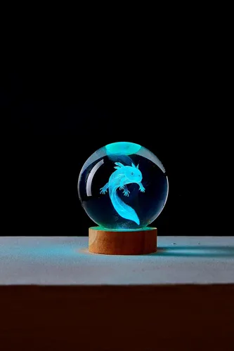 Vista 8 de Lámpara de bola de cristal 3D de Axolotl, lámpara de noche de bola de cristal mejorada de 3.15 pulgadas con 16 colores LED, base de madera, control