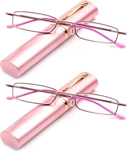 Vista 5 de Lentes de lectura de tubo de bolsillo, ultra delgados, compactos, unisex, ligeros, con clip de bolsillo portátil, estuche de aluminio, color rosa